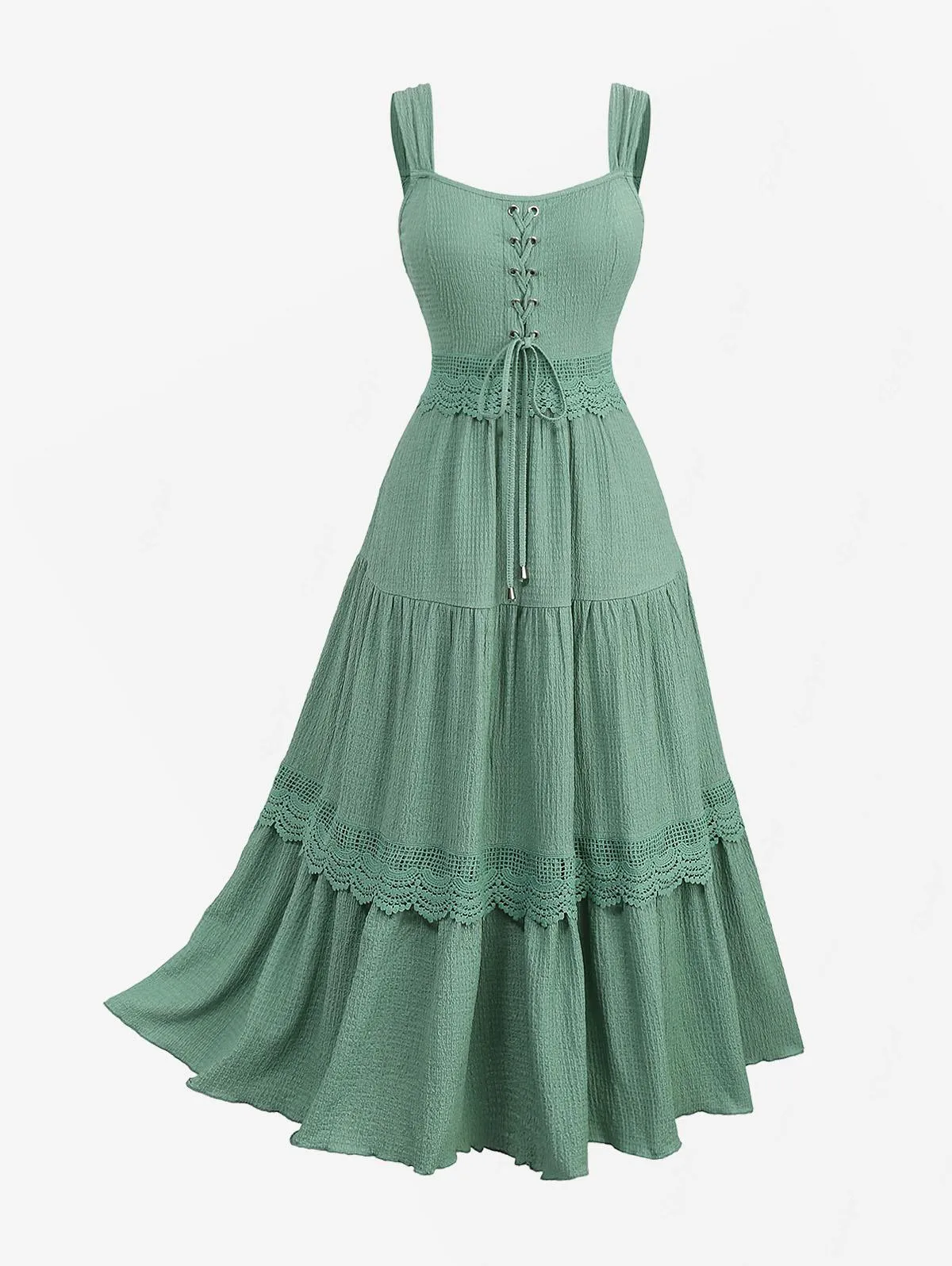 

ROSEGAL Plus Size Grommets Lace-up Ruched Scalloped Lace Trim Plisse Tank Dress