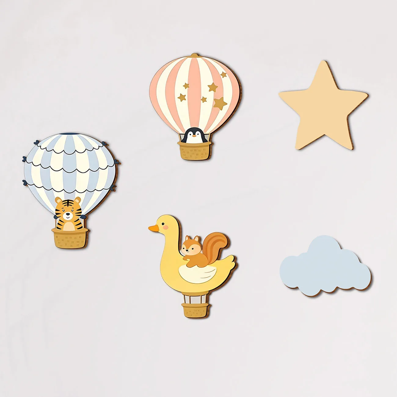 5Pcs Animal Hot Air Balloon Wooden Wall Stickers Nursery Kids Room Decor