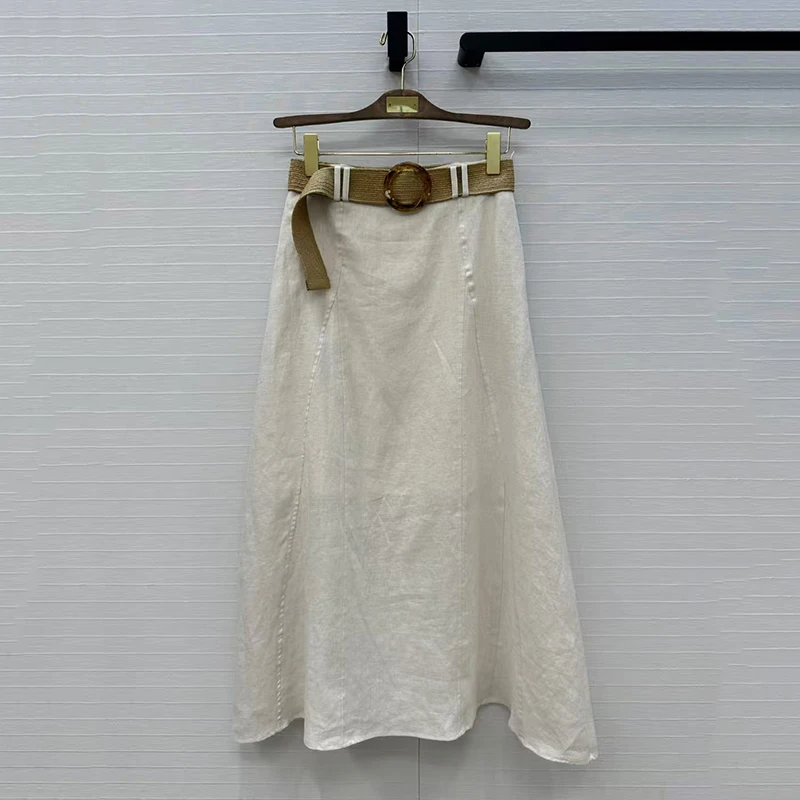 Falda de medio cuerpo de lino para mujer, falda larga con decoración de cinturón, falda acampanada de viajero a la moda, conjunto de chaqueta de alta calidad, verano, nuevo,