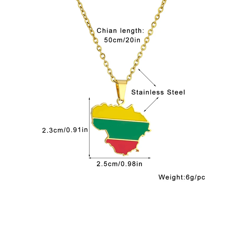 Fashion Lithuania Map Flag Pendant Necklace For Women Men Charm Gold Silver Color Party Stainless Steel Jewelry