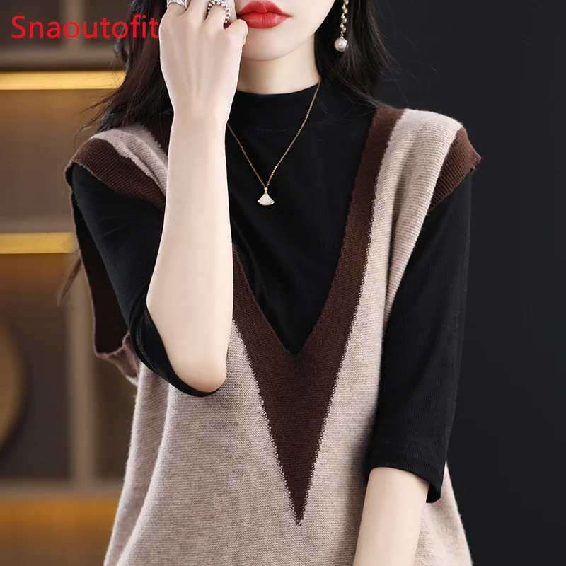 Sleeveless V-Neck Pure Wool Vest Women\'s 2023 Spring Knitted Pullover Fashion Match Color Cashmere Sweater Vest Loose Fold Top