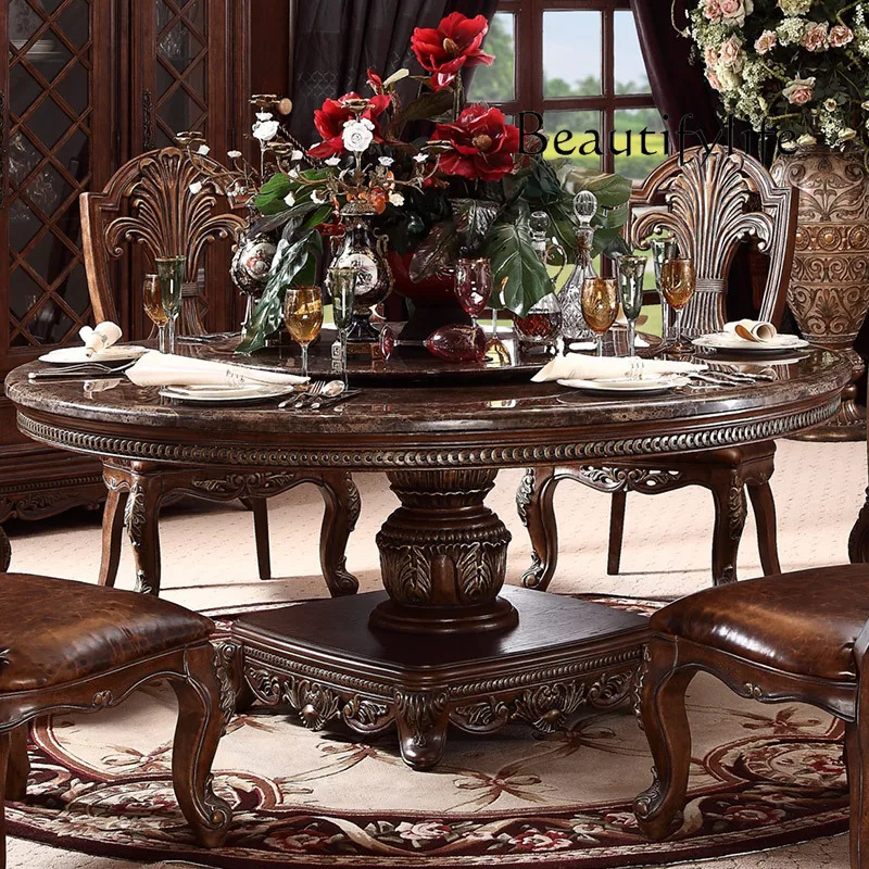 American solid wood round dining table and chairs combination European carved luxury dining table high-end furniture