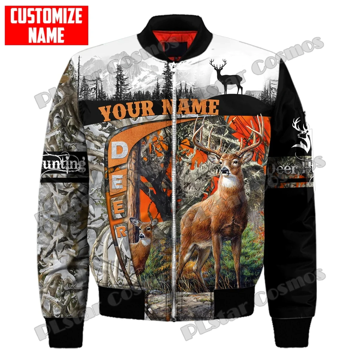 

Winter Men Bomber Jacket Custom Name Deer and Duck Hunting 3D Print Thick Pocket Zip coat Unisex Casual Warm Zipper jacket FX-12