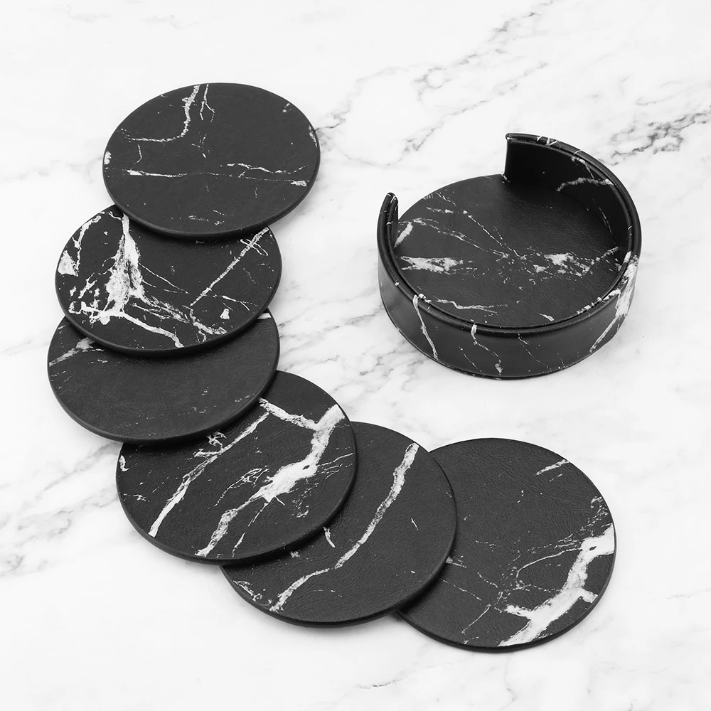 PU Leather Anti-Slip Heat Insulated Table Placemats Marble Coaster Drink Coffee Cup Mat Tea Pad Placemats 6PCS Creative