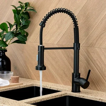 Matte Black Kitchen Sink Faucet One Handle Spring Hot and Co...