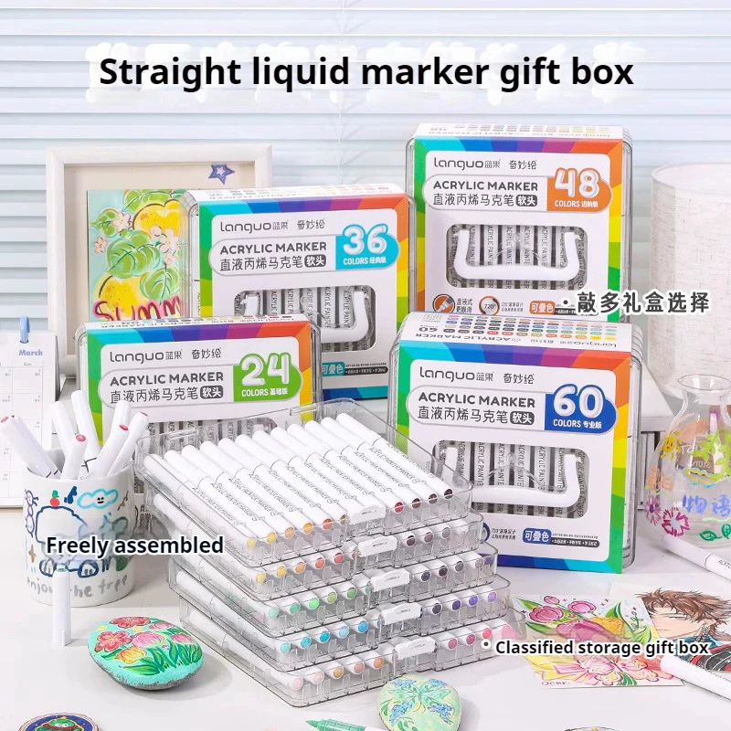 LANGUO 24/60 Colors Direct Liquid Acrylic Paint Pens Brush Color Marker Pen Set for Painting Ceramic DIY Art Supplies Stationery