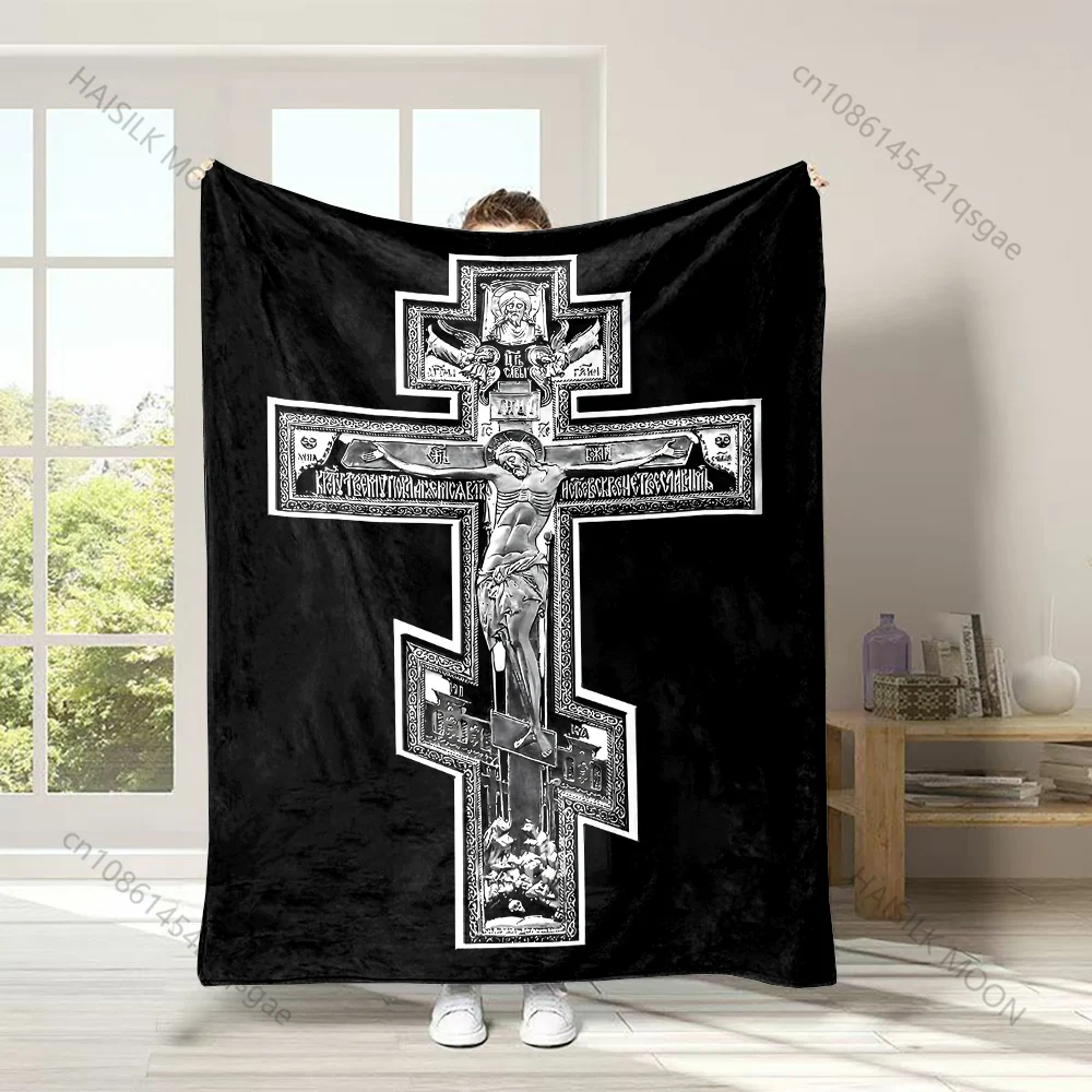 1PC Three horizontal crosses Faith-printed Flannel Blanket Soft and Warm Suitable for Home Travel Picnics Camping and RV Use