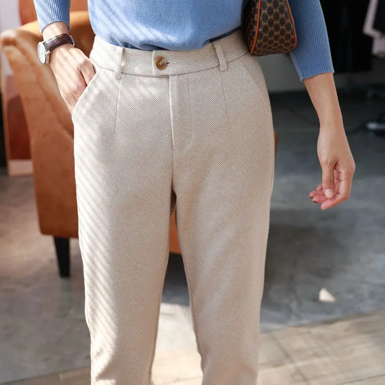 Herringbone wool Harlan pants women fall winter new high waist show thin feet suit pants loose casual smoke pipe pants