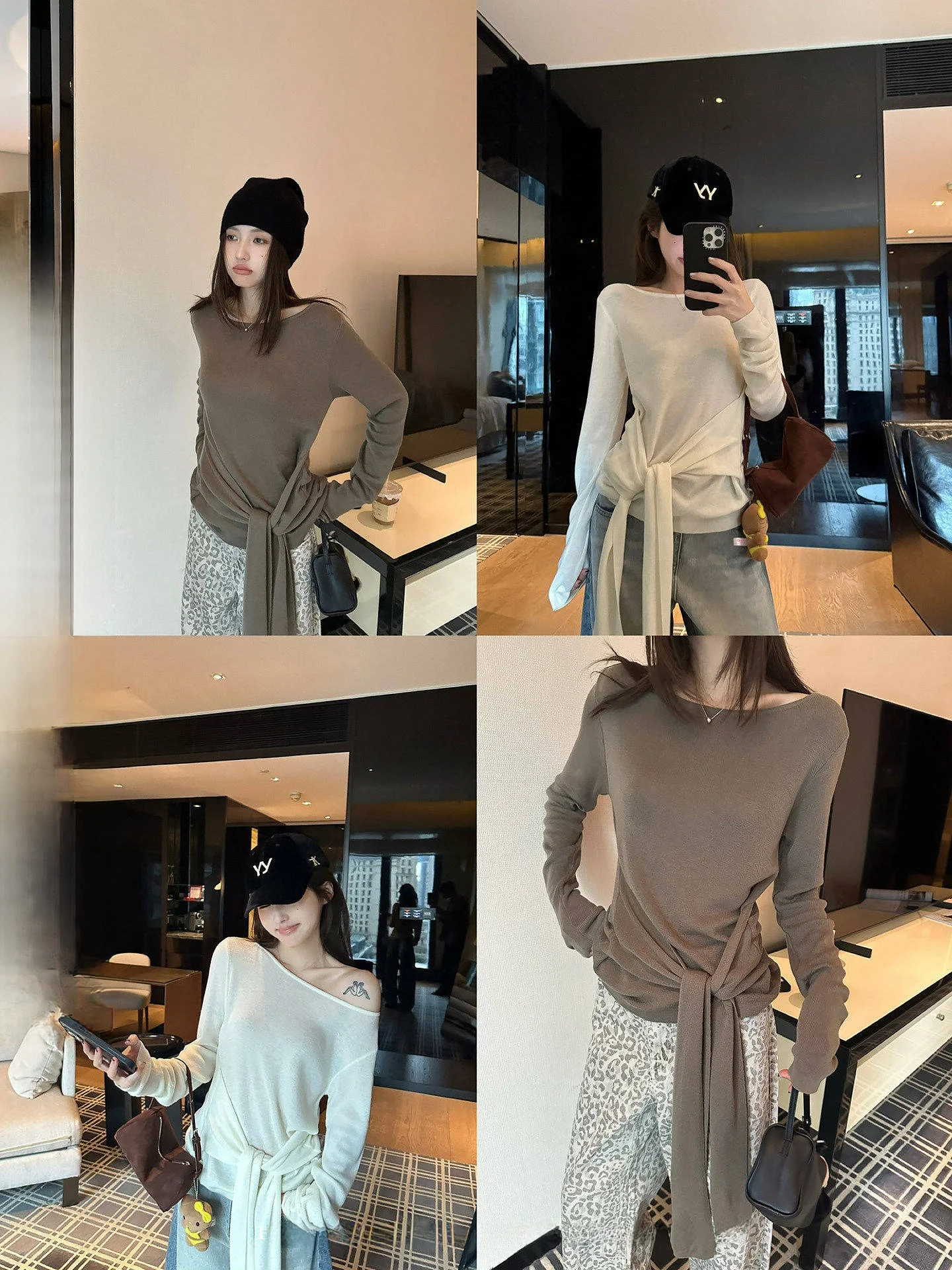 

NingSi Women's Long Sve Knitted Top Waist Cinching Strap oulder Spring New Korean Design Slim Fit T-irt Casual Sle