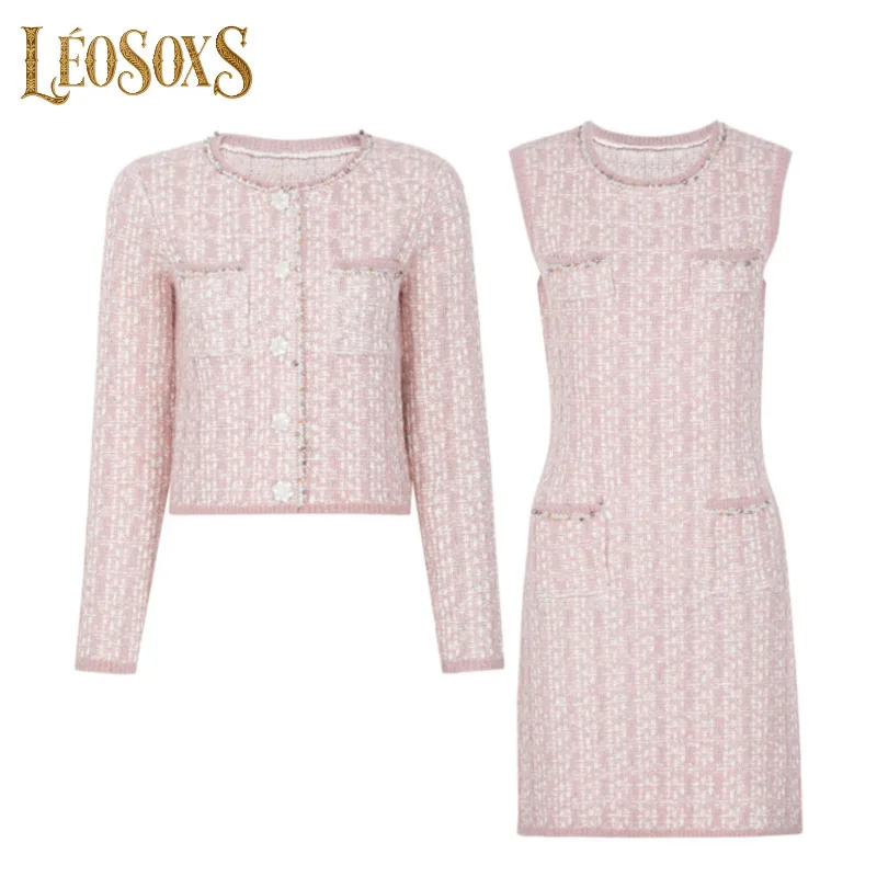 

LEOSOXS Women's Chic Small Fragrance Style Dress Set Tweed Texture & Decorative Buttons For Luxury Casual Gatherings 2025