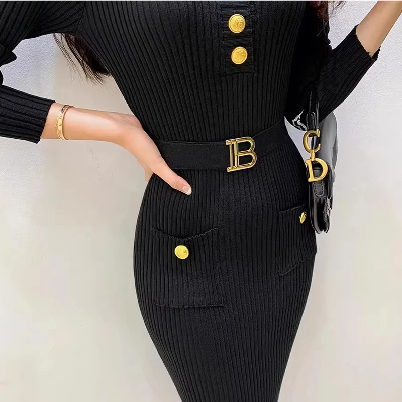 YuooMuoo kobiety ubierają koreańską modę O-neck wąska talia dzianinowa sukienka ołówkowa z paskiem Office Lady Bodycon Vestidos 2024 zima