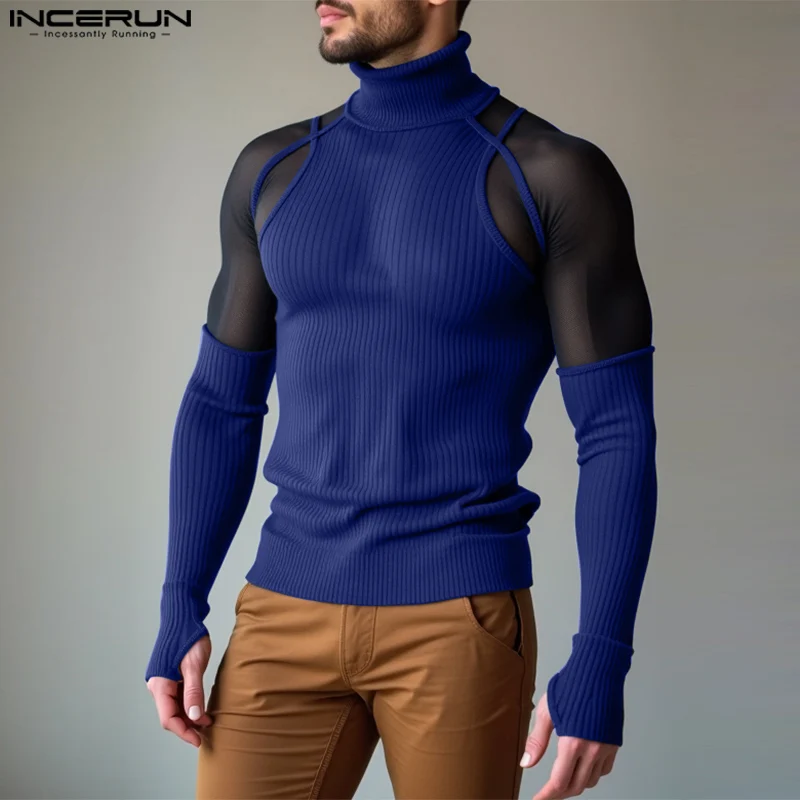 INCERUN Men Casual Long Sleeve T-shirts 2024 High Neck Simple Elegant Tops Mesh Splicing Textural Sense Fitting Knitted Camiseta