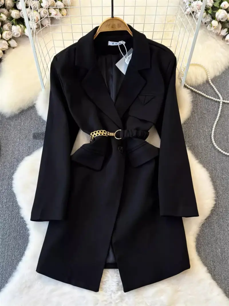 

Black Suit Women's Jacket 2024 Spring And Autumn New High-End Fashion Long Sleeve Design Mid length Version Blazer Coat K330