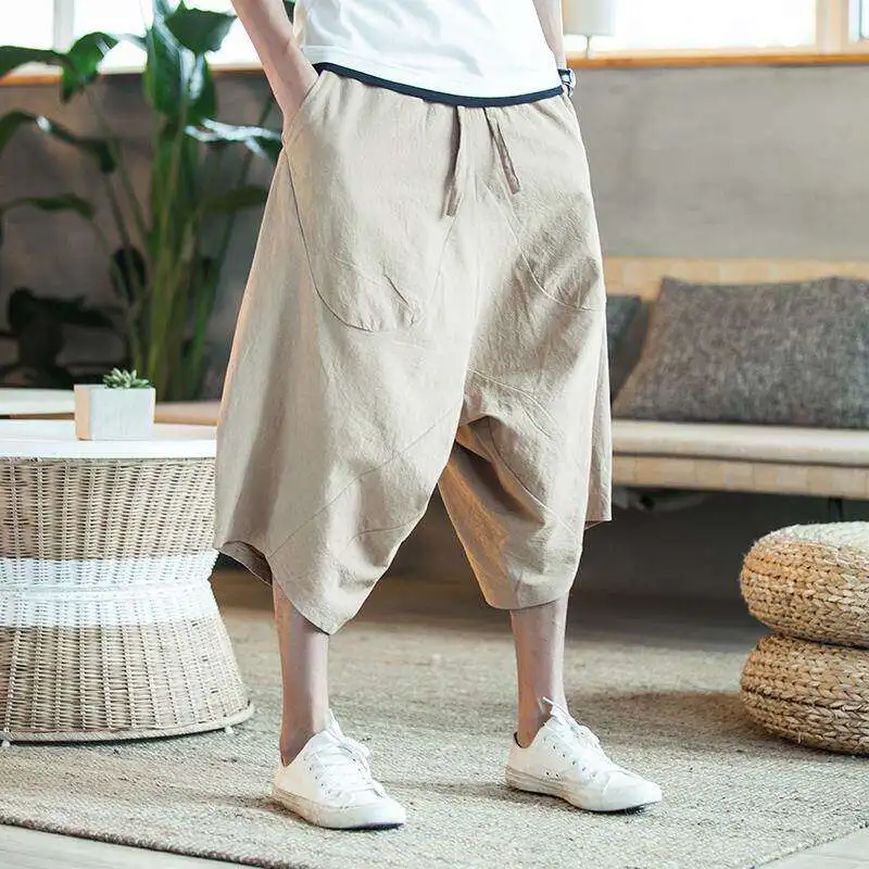 

Men's Cotton Linen Wide Pants Low Waist Suspenders Thin Beach Shorts Casual Straight Leg mid Waist Trousers Summer Fashion