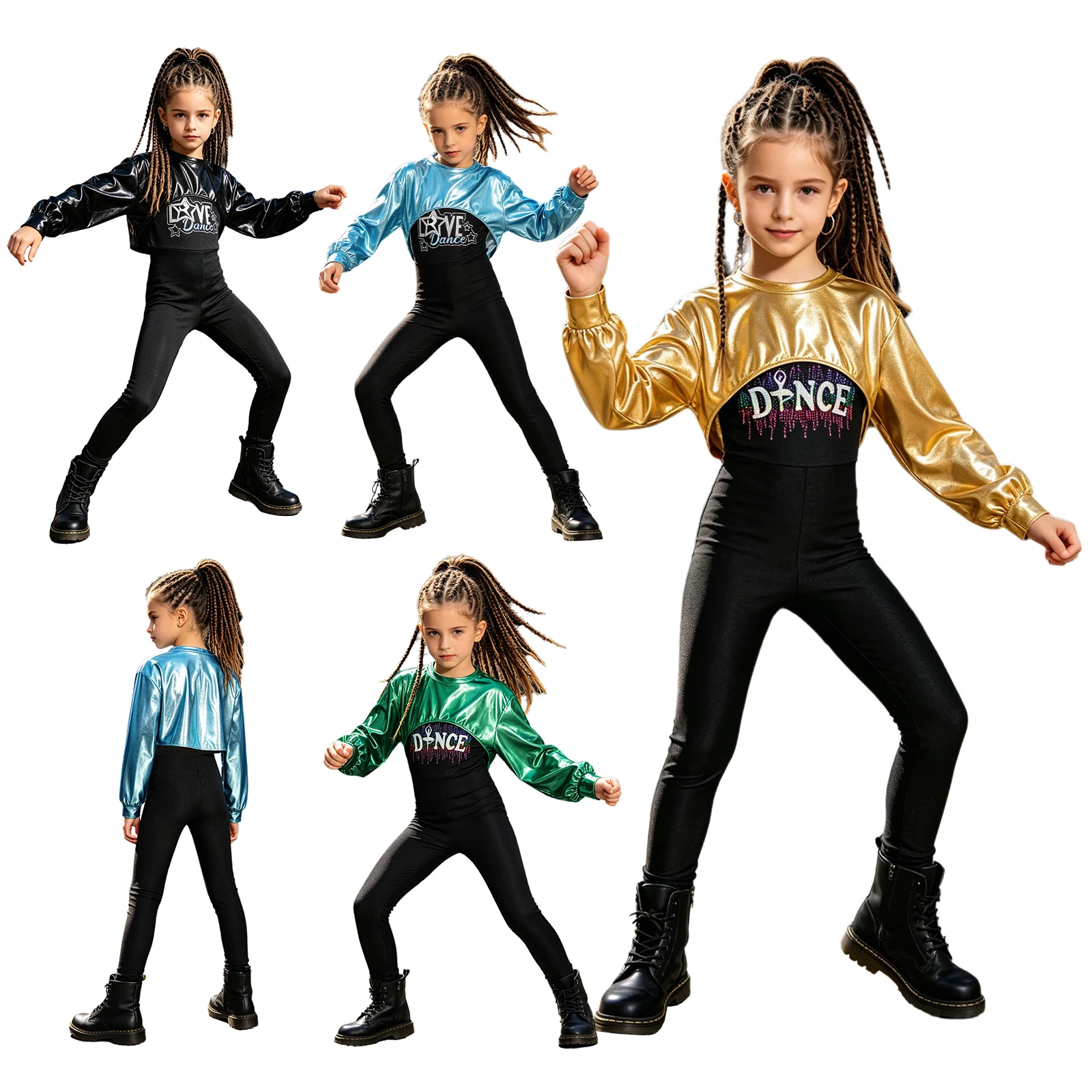 Kids Girls 2-piece Hip Hop Outfit Long Sleeve Asymmetrical Hem Crop Top with Spaghetti Straps Letter Print Jumpsuit Tracksuit
