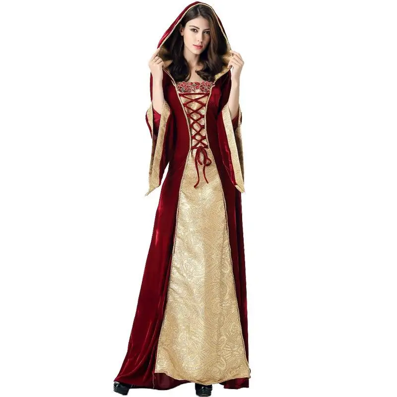 

Halloween Queen Costume Retro Court Long Dress Hooded Gown Court Outfit 1857 Women's Traditional National Stage Costume