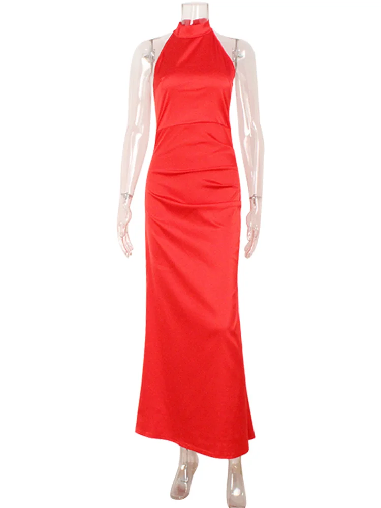 Ahagaga-Robe longue à col licou pour femme, gaine sans noir, batterie, plis sexy, robes de soirée éducatives