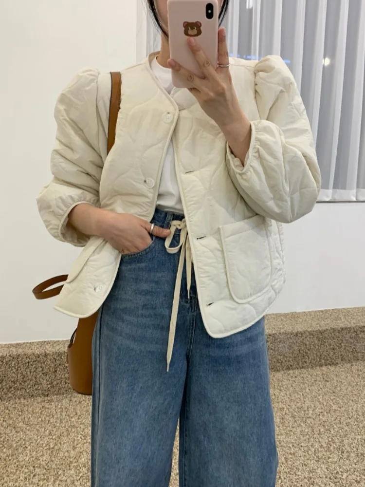 

White Thiened Cotton Jaet Women's Chic Winter New Sle Ele round Ne Bubble Sve Warm Coat Commute Sle Long Sve