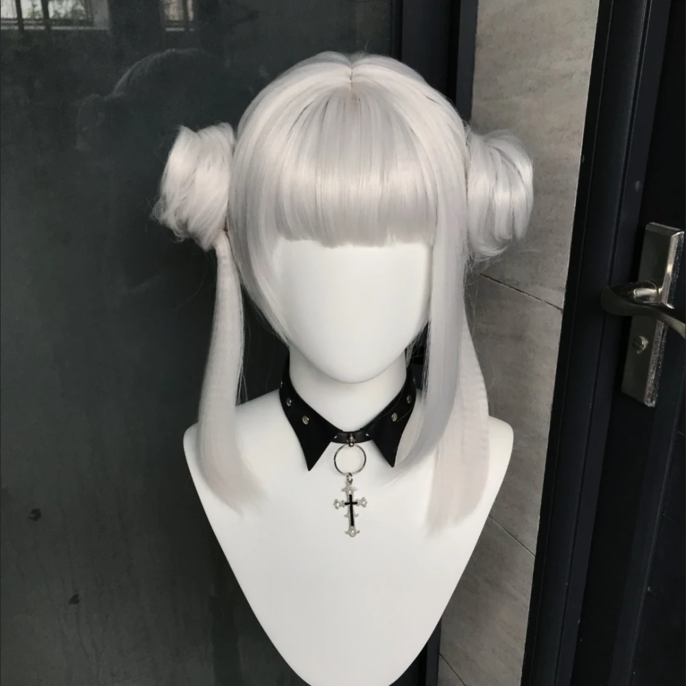 Anime Character Arashi Chisato Wig With Long Sideburns Hair Bun Clips with Rose Net Cap Heat Resistant Synthetic Fiber Wig