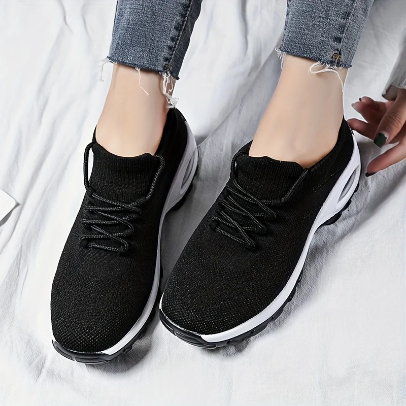 Black Walking Shoes for Women Casual Knit Shoes with Arch Support Mesh Loafers Lightweight Air Cushion Sock Sneakers 1862 t