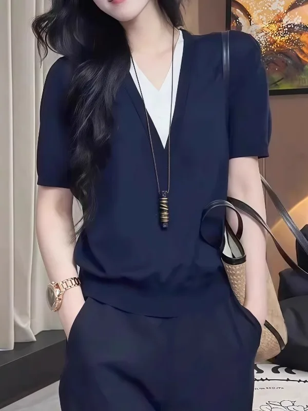 

Elegant Color Block V-Neck Ice Silk Knitted Short Sleeve T-Shirt Women's Summer Thin Large Size Flattering Slimming Top