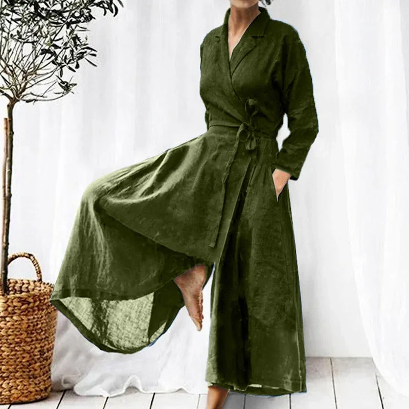 Elegant Lapel Solid Color Womne Jumpsuit Spring Autumn Long-sleeve Loose Romper Female Vintage Tie-up Wide Leg Overalls Jumpsuit