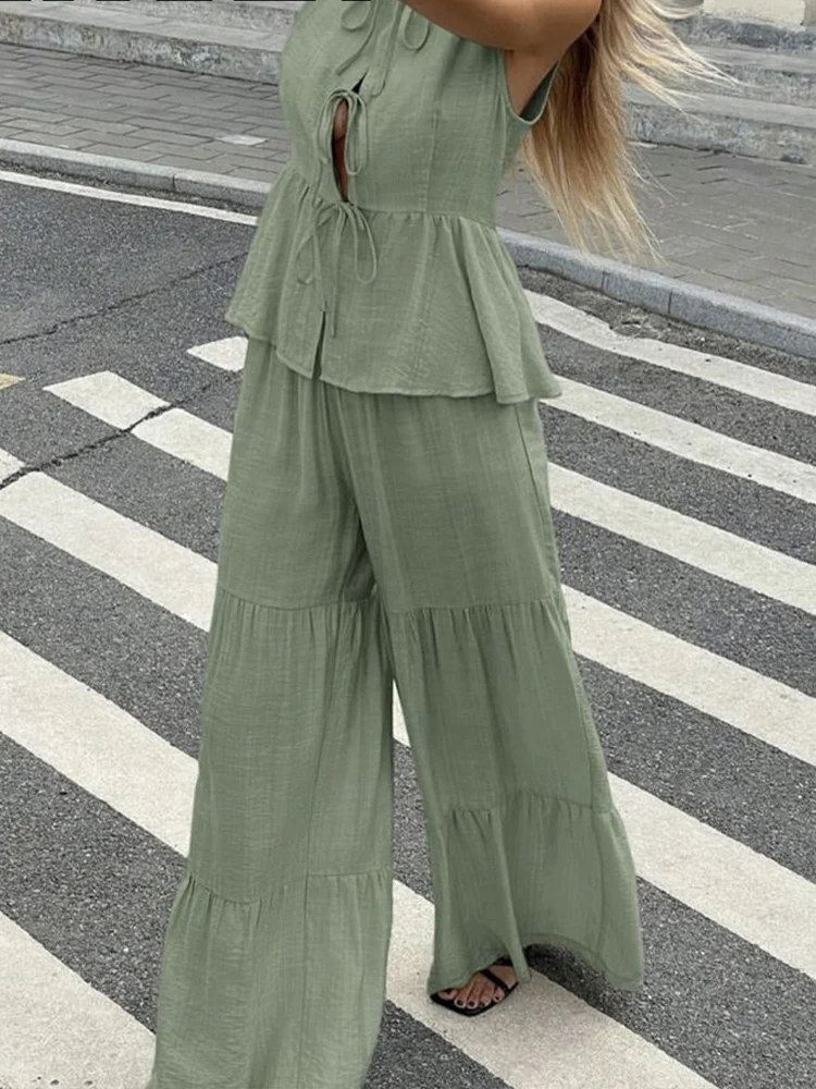 HH أنيقة المرأة الصلبة سترة السراويل مجموعات س الرقبة الدانتيل متابعة أكمام تانك القمم + فضفاض اللف متوهج بنطلون سيدة مكتب الدعاوى