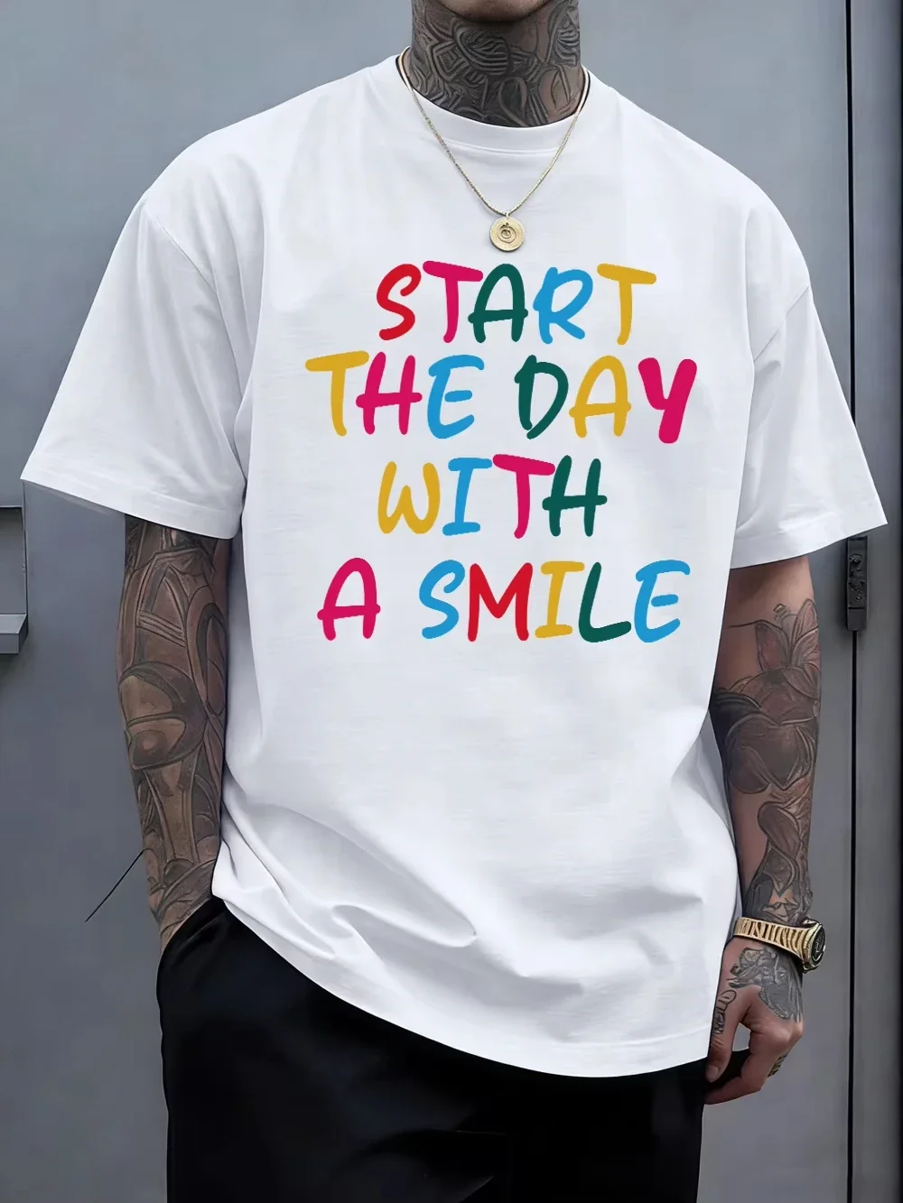 Start The Day With A Smile Print Cotton T-Shirts Mens Summer O-Neck Short Sleeve T Shirt  Soft Tops Basic Male Clothes