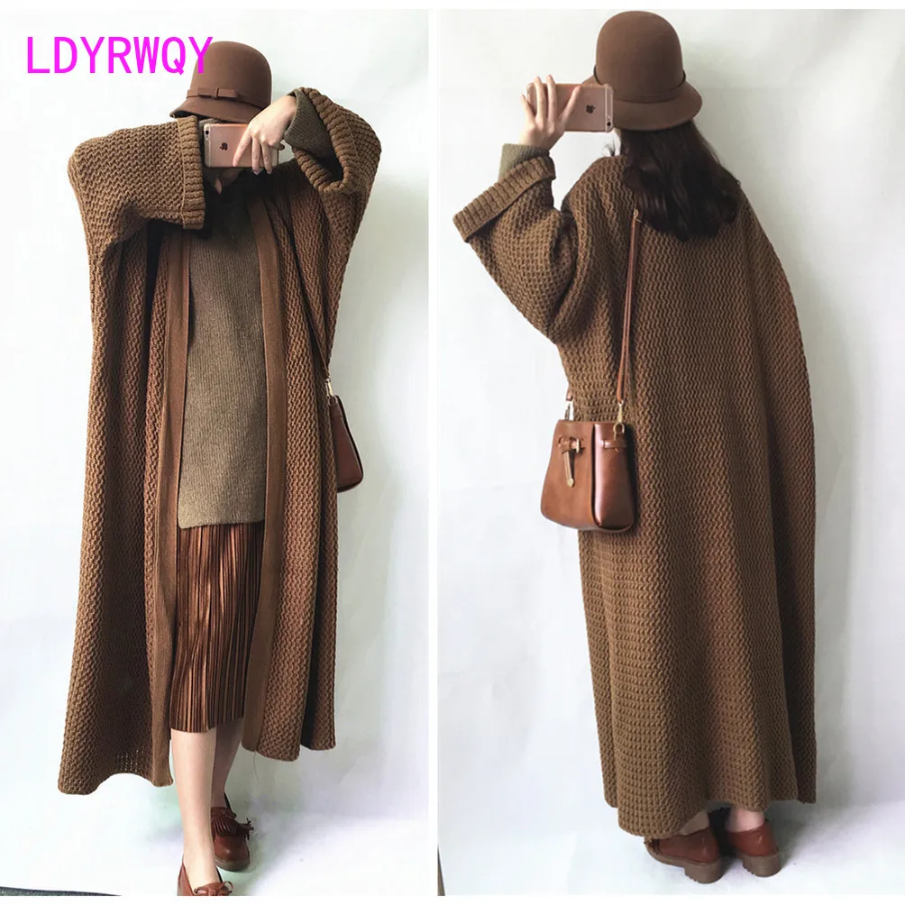 

Autumn and Winter Loose Long Knitted Cardigan Coat Women's Over Knee Thick Thread Style Sweater