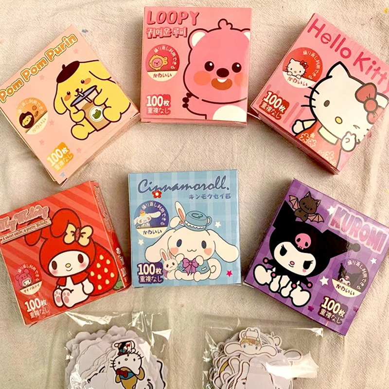 

100pcs Sanrio Kulomi Hellokitty Kawaii Cartoon DIY Stickers Creative Student Hand Stickers for Children's Favorite Gifts