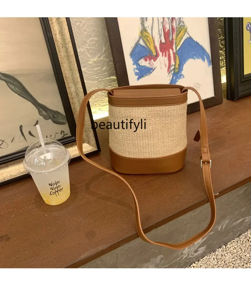 yj Straw Bag Retro Artistic Woven Bag Summer Fashion All-Match High-Grade One-Shoulder Cross Body Bucket Bag