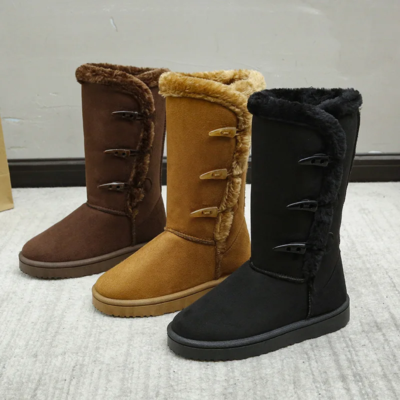 Women Snow Boots Winter Mid-calf Boots Warm Cotton Shoes Cold Fashion Solid Color Button Ladies Brown Long Boots Plus Size 2024