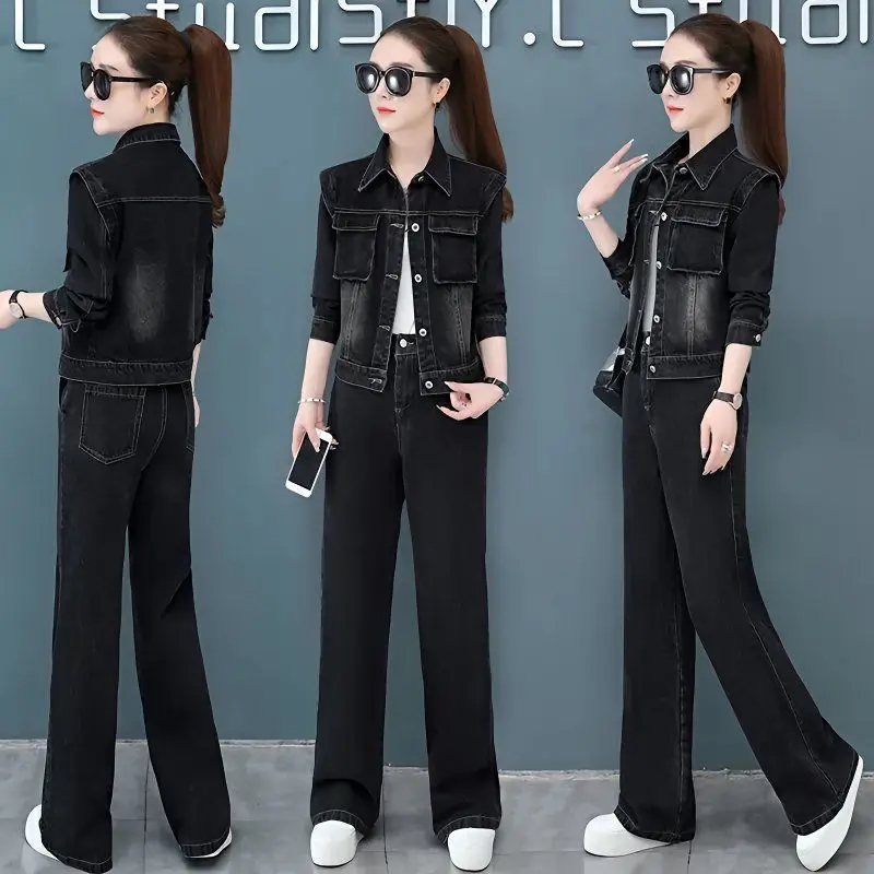 

2025 autumn new style slimming jacket straight-leg pants women temperament elastic fashion commute denim two-piece set