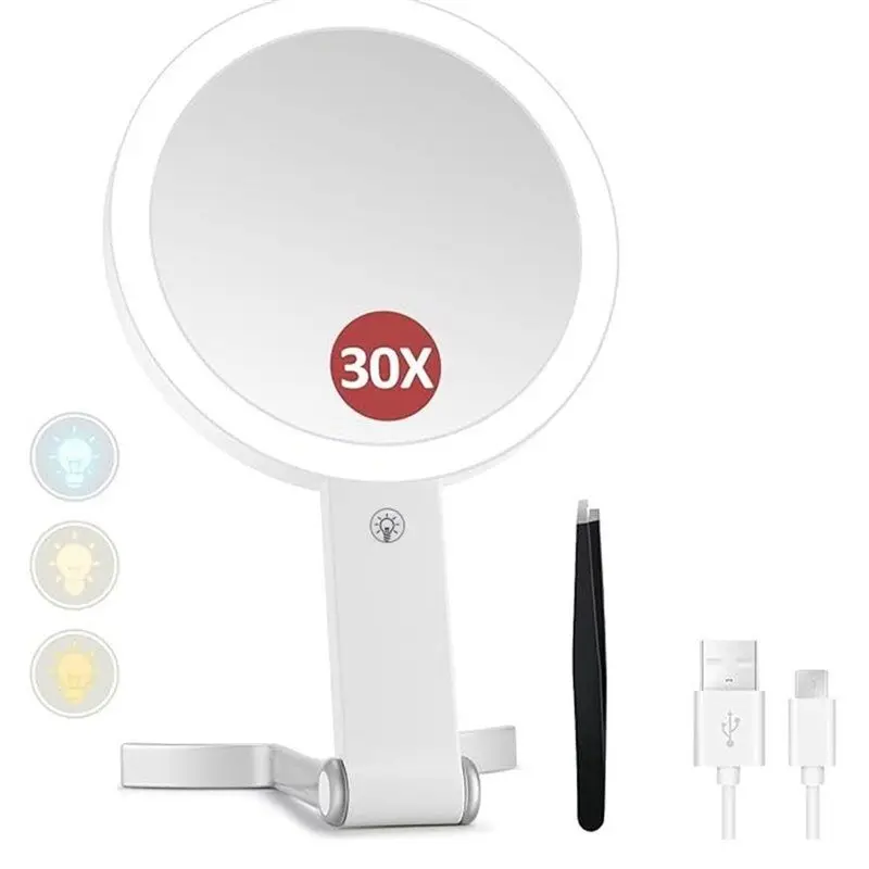 

ABRU-Magnifying Mirror With Magnification Light, 30X/1X Double-Sided Lighted Travel Makeup Mirror Featuring 3 Color Options