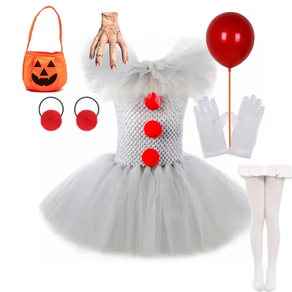 Halloween Gray Joker Girls Costume Tutu Dress Creepy Clown Kids Carnival Party Cosplay Clothing Children Tulle Fancy Dress