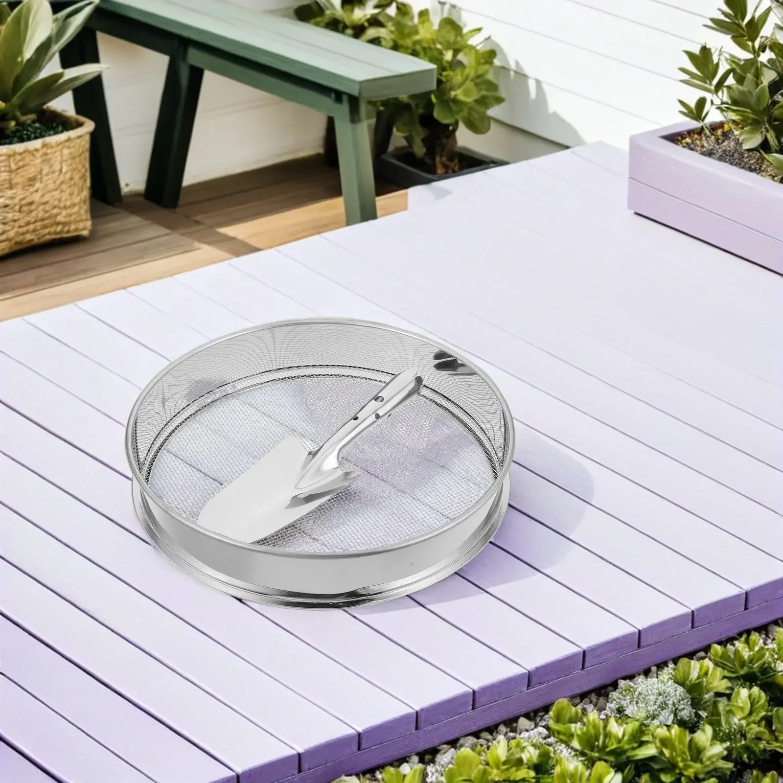 1Set Stainless Steel Round Garden Sieve Soil Sifting Pan for Compost Sand Gravel Dirt - Efficient Mesh Sifter 30Cm Ergonomic