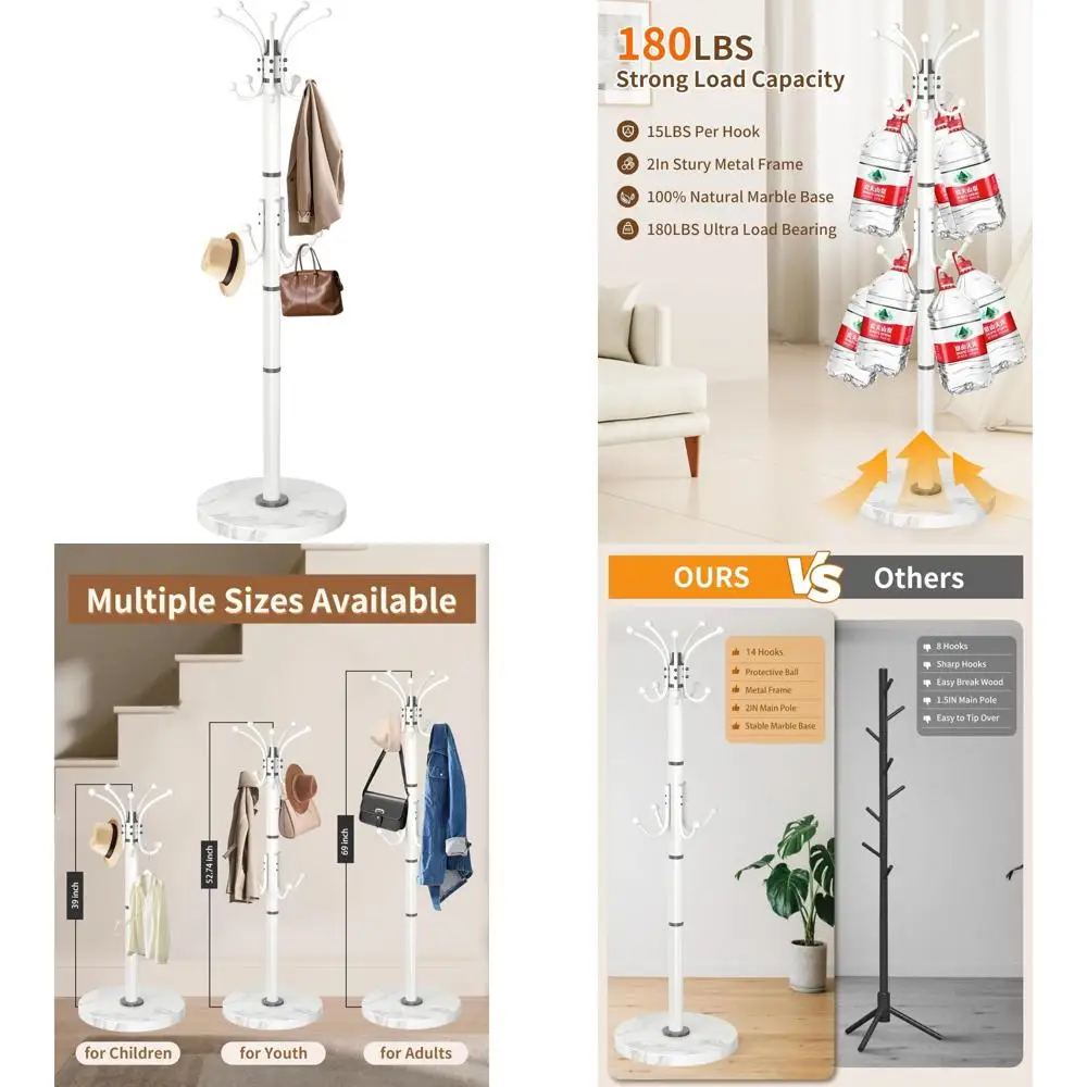 360 °   رف معطف معدني دوار بقاعدة من الرخام الطبيعي، ورف معطف أبيض قائم بذاته وخطافات، وتصميم حديث لمدخل المنزل