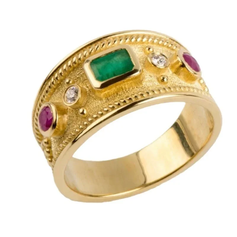 Vintage Luxury Wide Court Style Gold Color Ring Men Classic Bully Green Geometric Creative Ring Personalized Jewelry Accessories