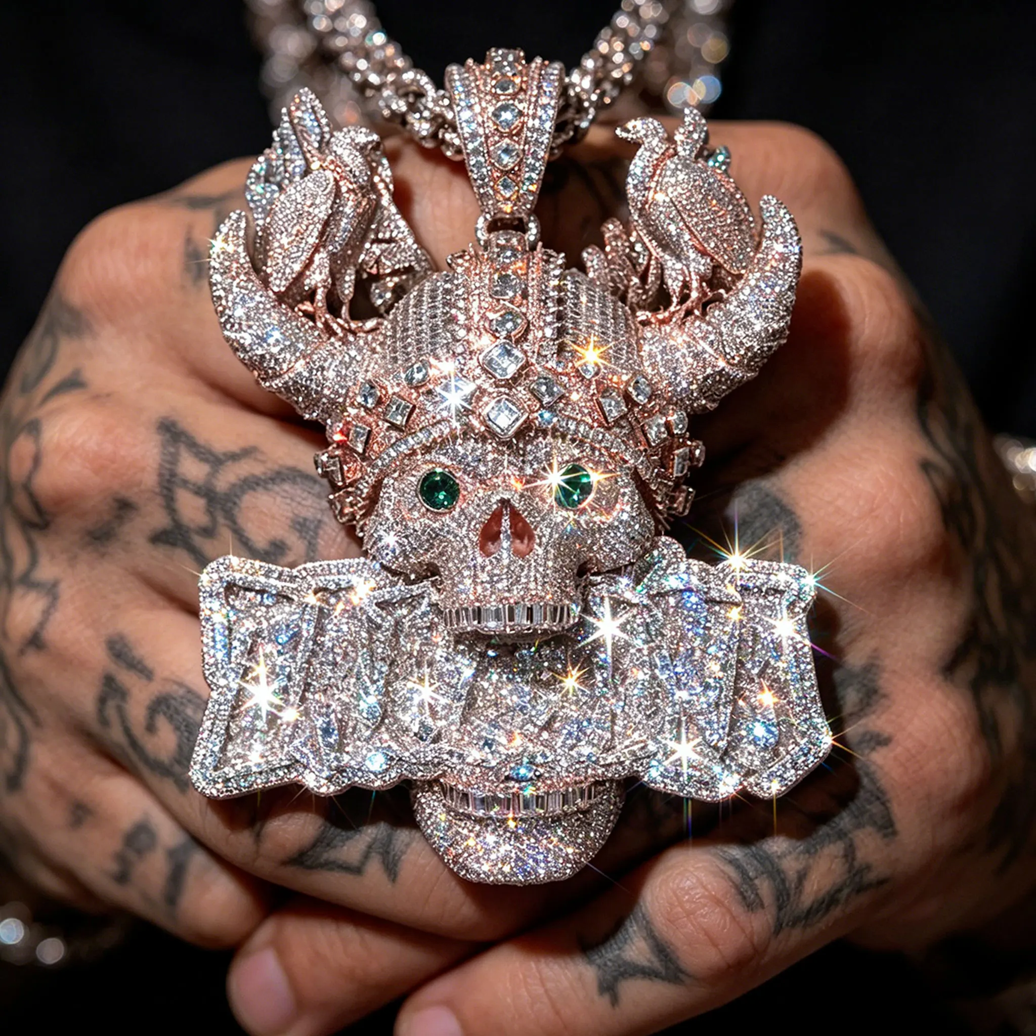Luxury Diamond Studded Horn Skull Hip Hop Pendant