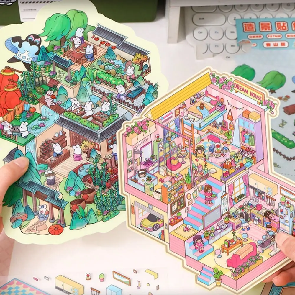 New Cartoon Miniature Scene 3D Stickers Three-dimensional DIY 3D Landscape Sticker Kawaii Miniature Scene Book Student Child