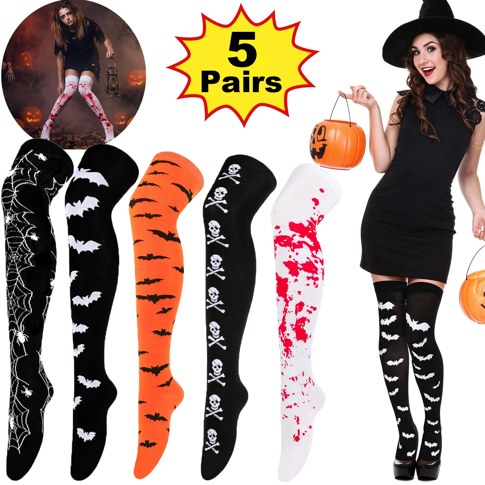 Halloween Skeleton Socks Thigh High Long Stockings Over Knee Spider Web Bat Blood Socks for Halloween Costume Cosplay Party