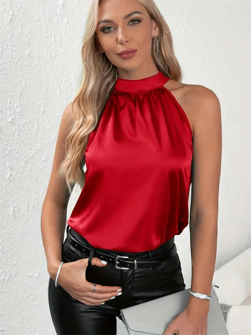 Women Summer Style Blouses Shirts Lady Casual Sleeveless Halter Collar Solid Color Blouse Tops