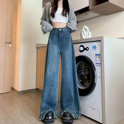 Plus Size Denim Jeans Retro Fringed Edges American Style Design High Waist Loose Wide Leg Pants Autumn Winter New Clothing