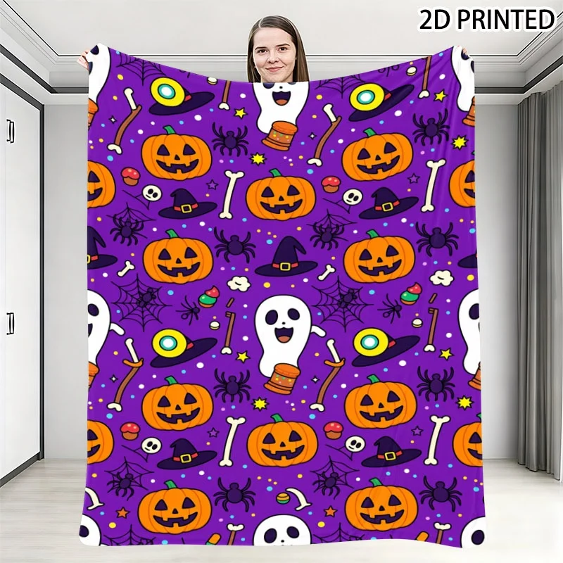 Playful Halloween Cartoon Pattern Throw Blanket - Whimsical & Vibrant Design with Jack-O'-Lanterns, Ghosts, Witch Hats, Spooky E