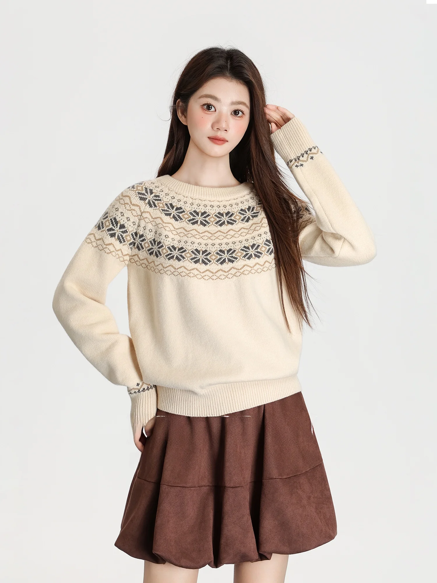 

Retro Fair Isle Knit round Ne Sweater Women's Loose Soft Base Layer Knitted Top Autumn Winter New Sle Comfortable Fit