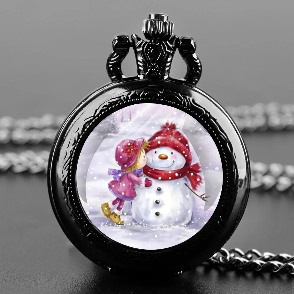 

Christmas Girl Snowman Glass Dome Quartz Pocket Watch With Durable Chain Arabic Numeral Dial Extraordinary Gifts for Men Kids