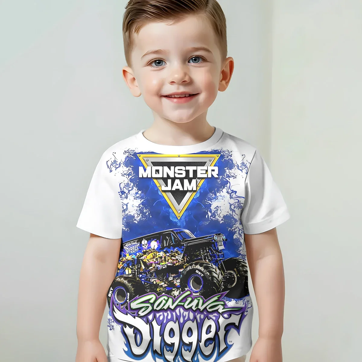 Ropa de bebé con estampado 3D de camión de dibujos animados Monster Jam, ropa de exterior masculina de 5 a 14 años para niños, camiseta para niños y niñas