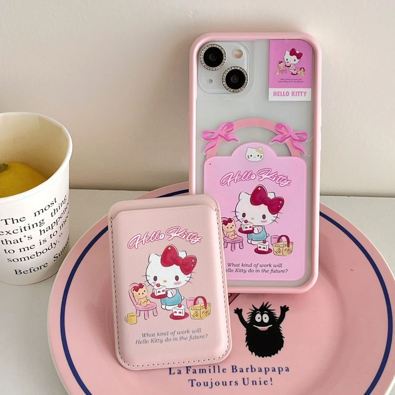 Cute Sanrio Hello Kitty Magnetic Wallet Holder Magsafe Wireless Charge Phone Case For iPhone 15 14 13 12 11 Pro Max Clear Cover