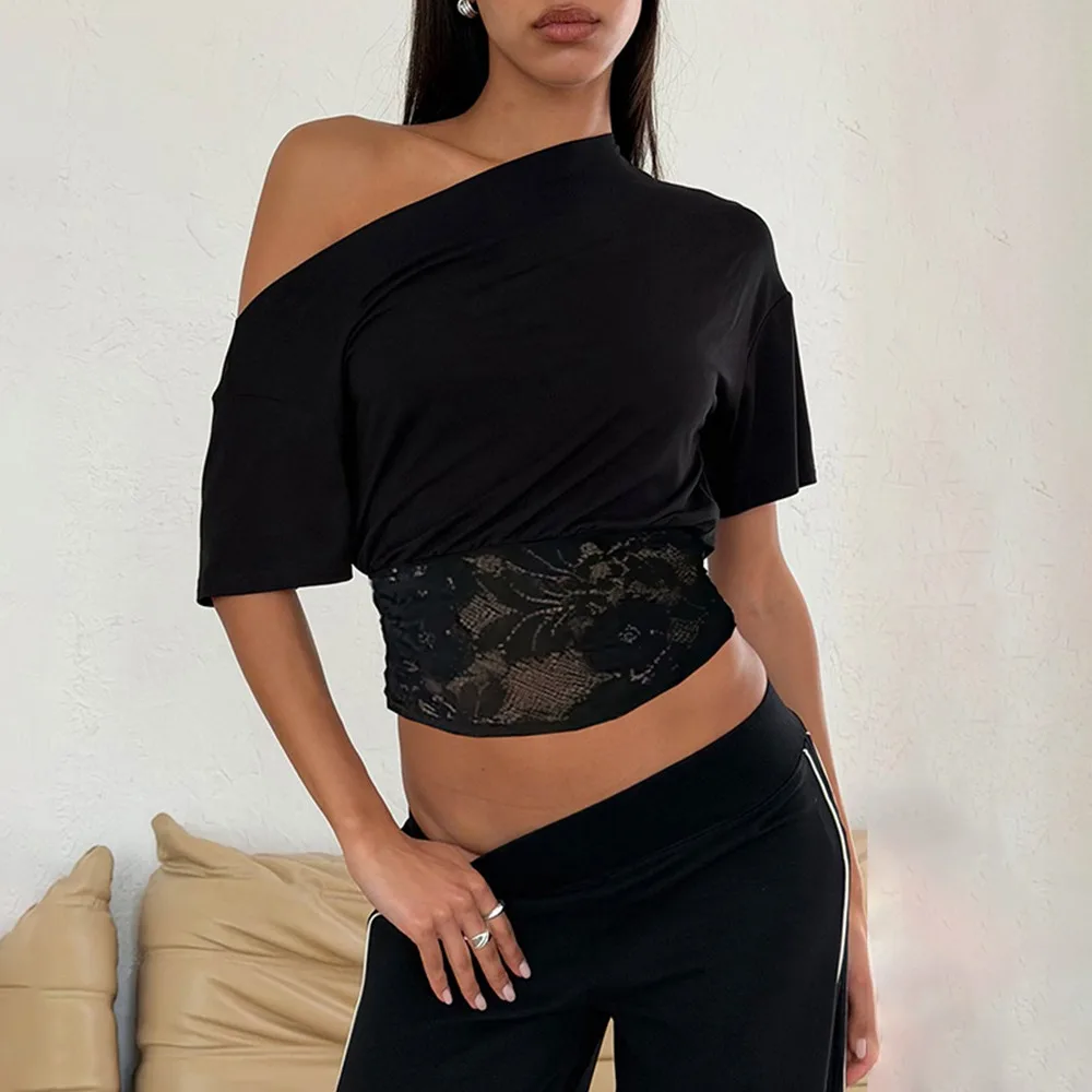 

Off-Shoulder Lace Patchwork Top Lace-Trimmed Waist-Defining Lace Blouse See Through Fabric Irregular Skew Collar Women Tops