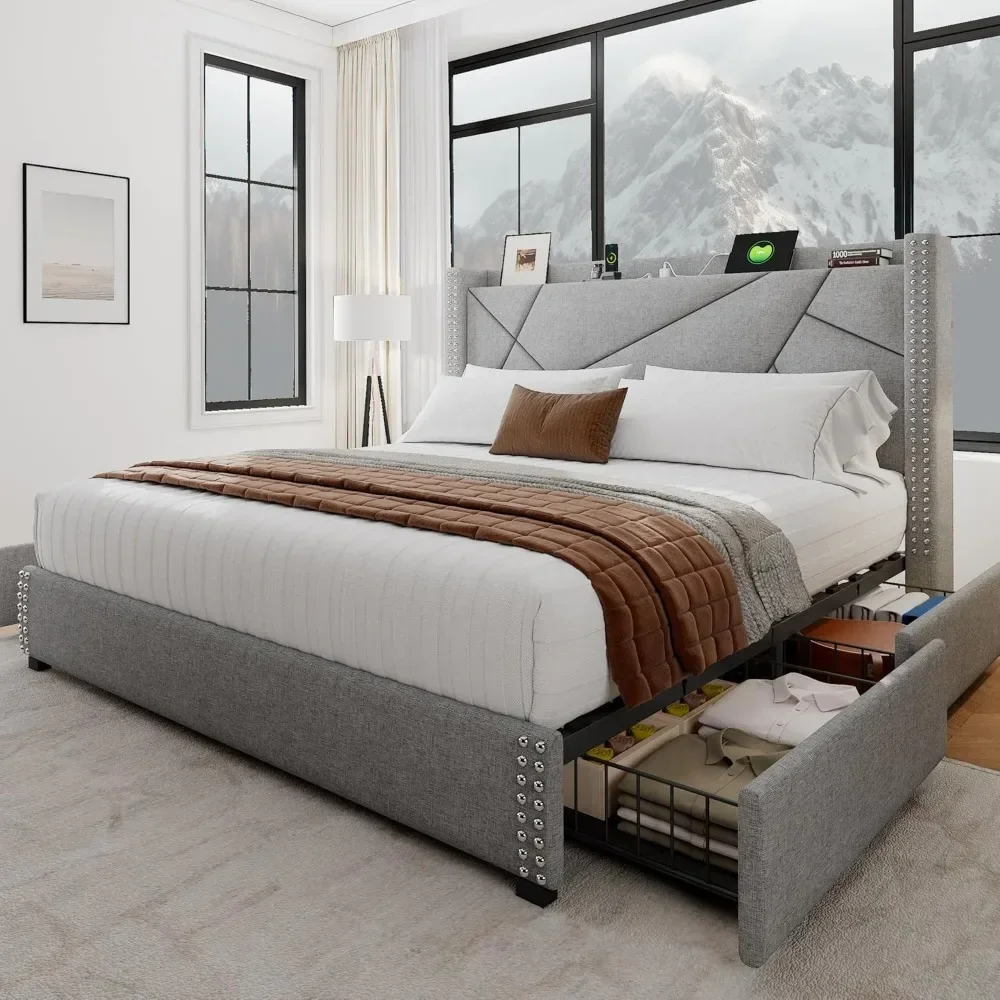 for Bed Frame Queen Size with 4 Storage Drawers, Charging Station, Modern Geometric Wingback Headboard, Upholstered Bed Frame